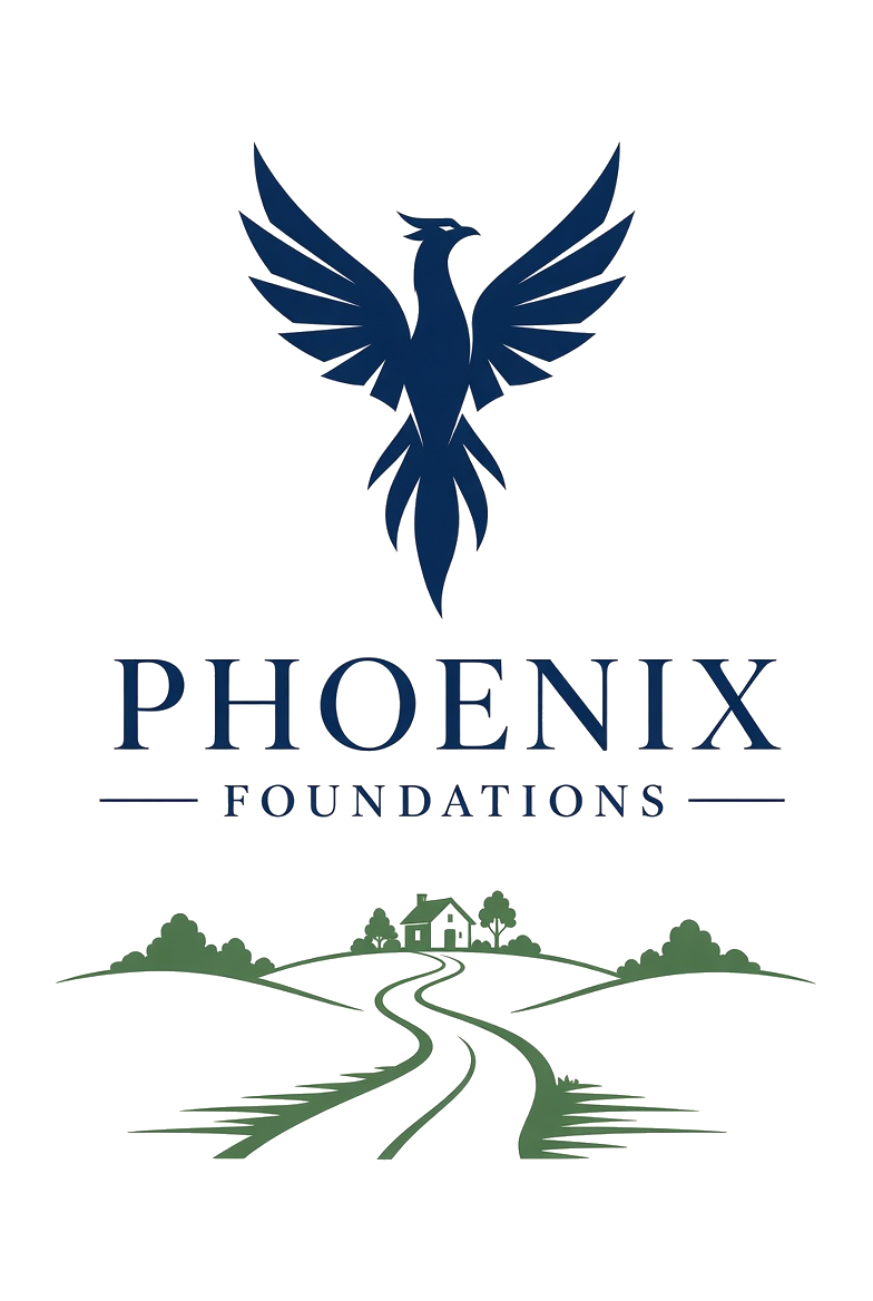 Phoenix Foundations logo showing a navy phoenix and a green hillside home